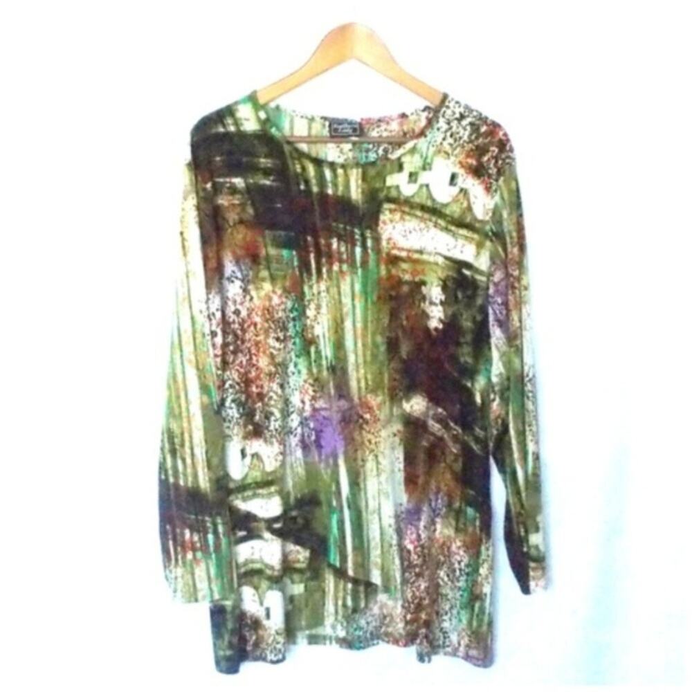 Vintage Southern Lady Green & Cream Abstract Print Plus Size Tunic Sz 1X